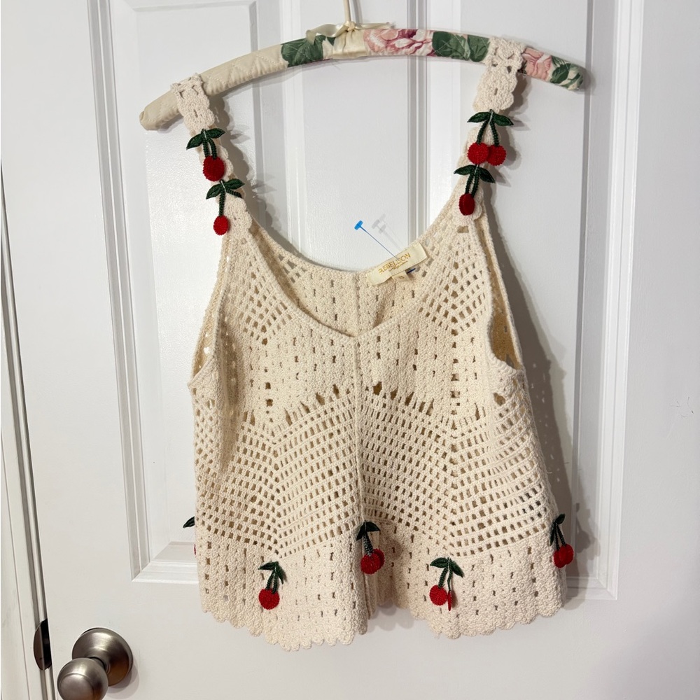 Rebellion Cream Crochet Tank Top with Cherry Appliqués - Picture 2 of 10
